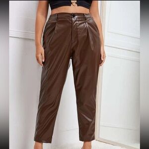 SHEIN Dark Brown Faux Leather Carrot Pants with Pockets